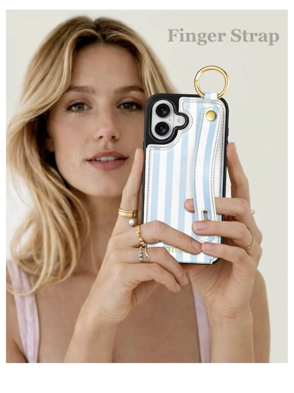 iPhone 16 Plus Striped Blue Wallet Handstrap Phone Case with Card Holder